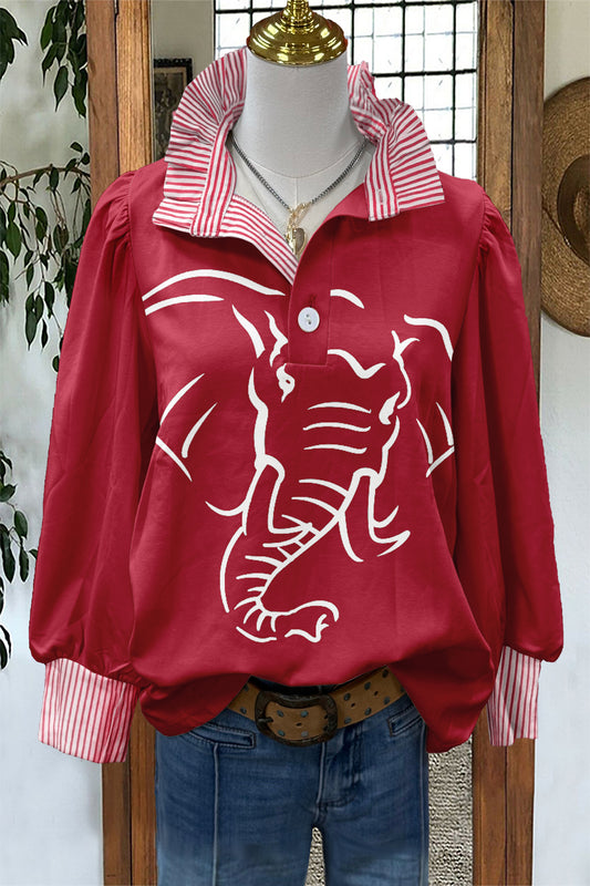 Classic Game Day Elephant Red and White Stripe Print Stand Collar Blouses