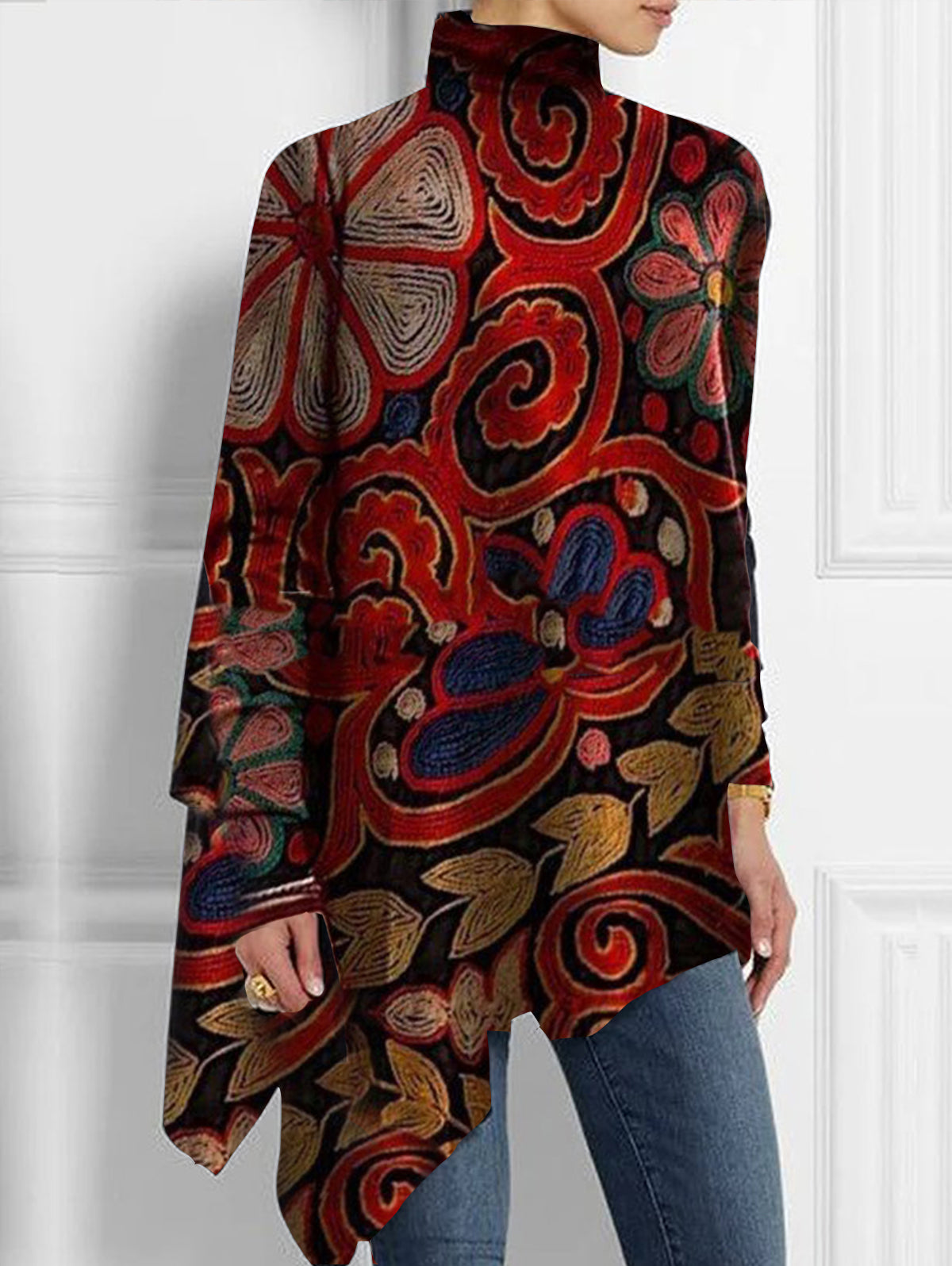 Turtleneck Allover Floral Print Asymmetrical Hem Top