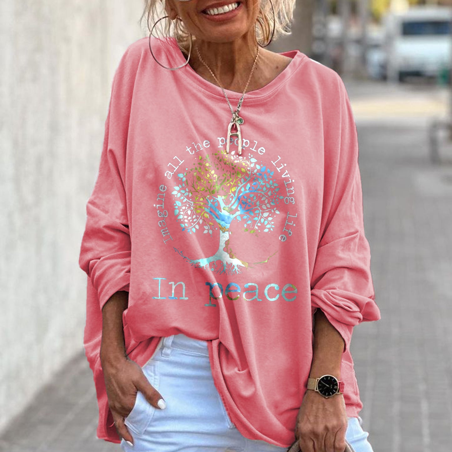 Imagine All The People Living Life In Peace Printed Hippie Women's T-shirt