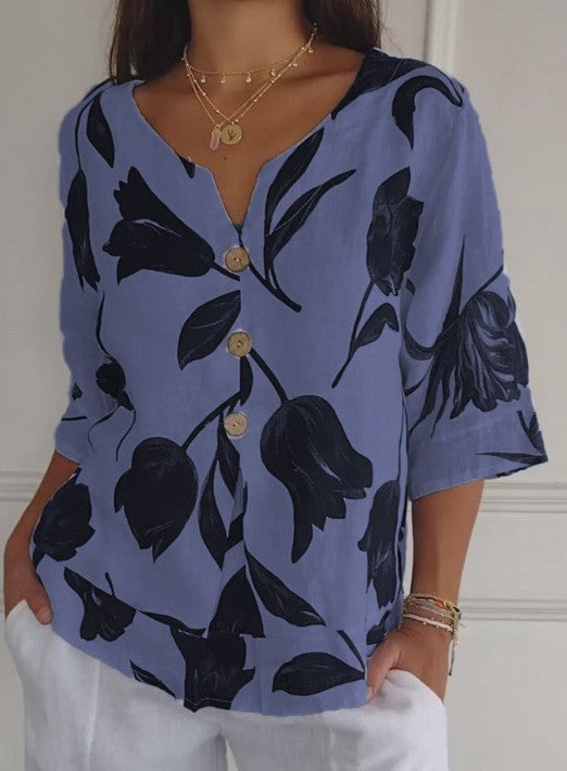 Summer Fashion Printed Cotton And Linen V-Neck Short-Sleeved Pullover Women's Shirt