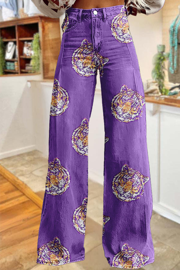 Game Day Purple and Gold Tiger Print Wide Leg Pants