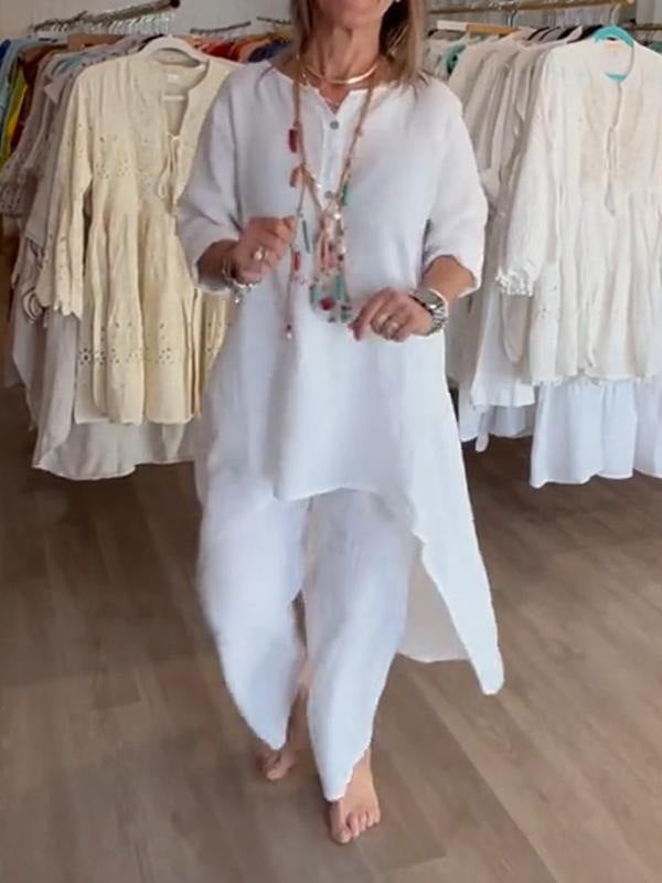 Solid Color Casual Long-Sleeved Cotton And Linen Women's Two-Piece Suit