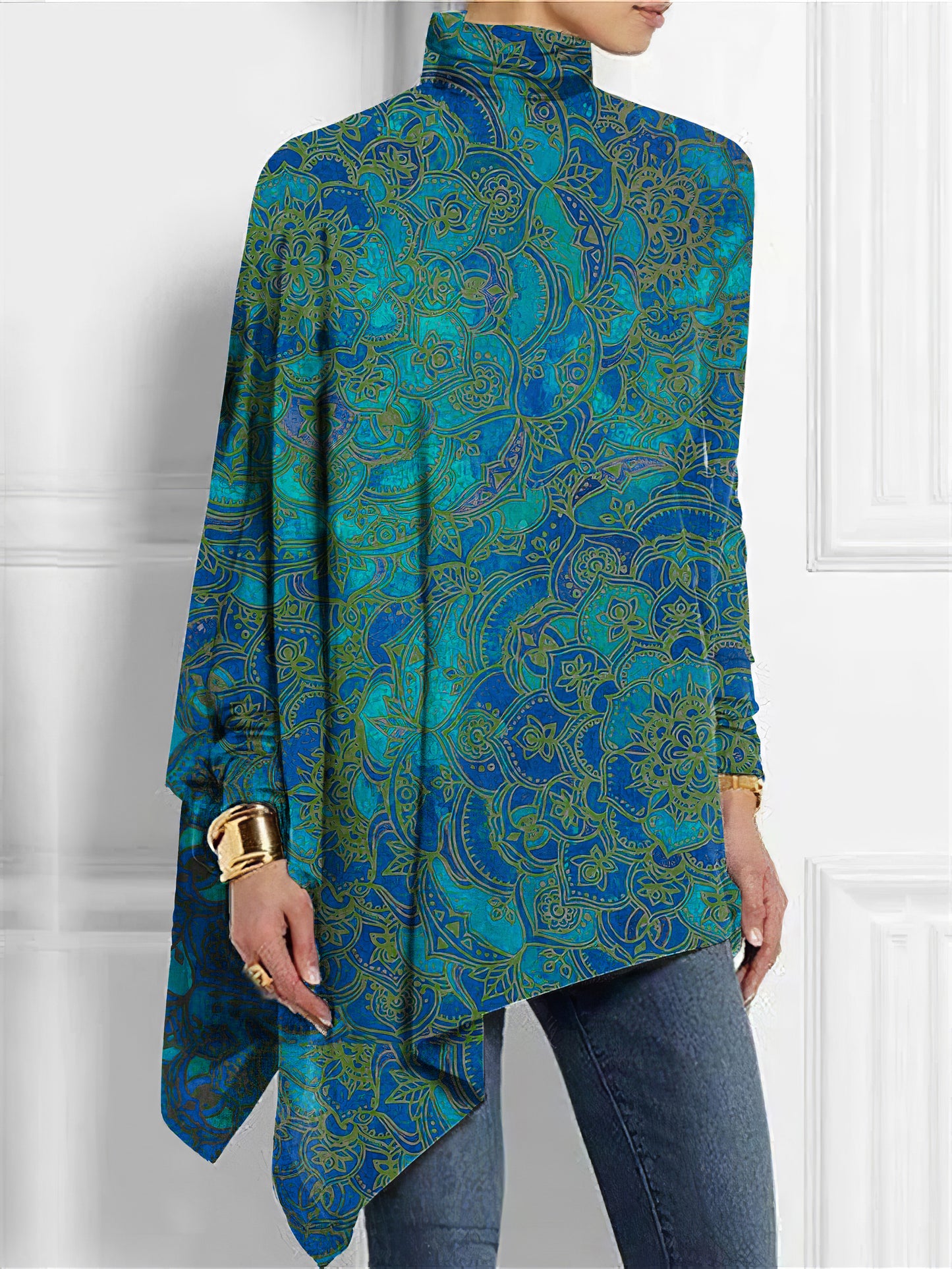 Abstract Floral Printed Turtleneck Asymmetrical Hem Top