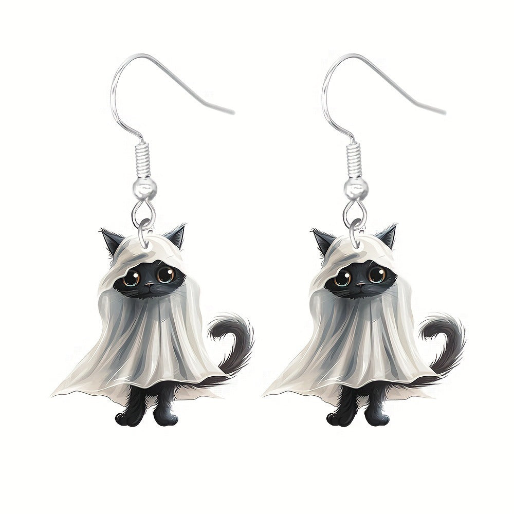 Halloween Cute Spooky Pumpkin Cat Skeleton Earrings