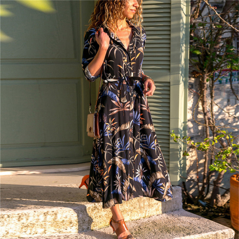 Casual Single-breasted Tropical Plant Print Dress