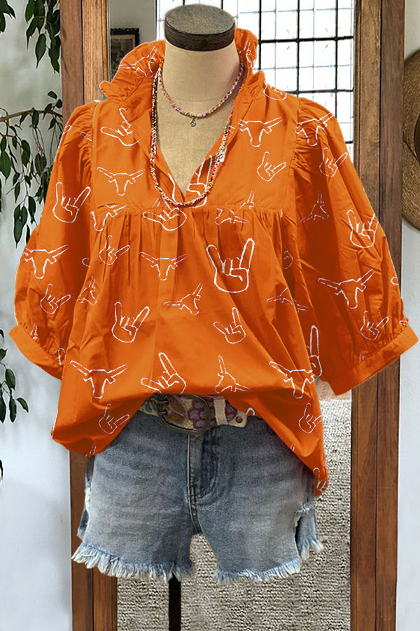 Classic Texas Longhorn Print Puff Sleeve Blouse