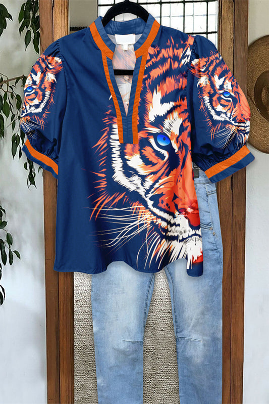 Game Day Navy Orange Tiger Puff Sleeve Blouse