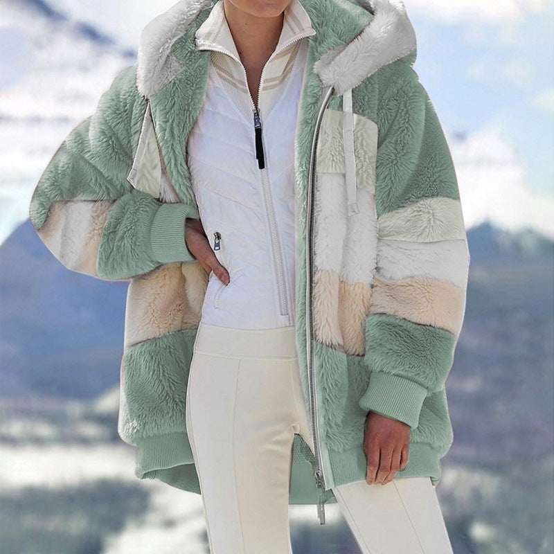 Women's Loose Multicolor Plush Zip Hooded Jacket