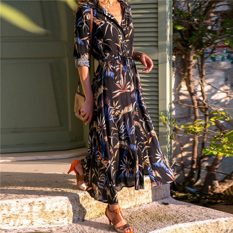 Casual Single-breasted Tropical Plant Print Dress