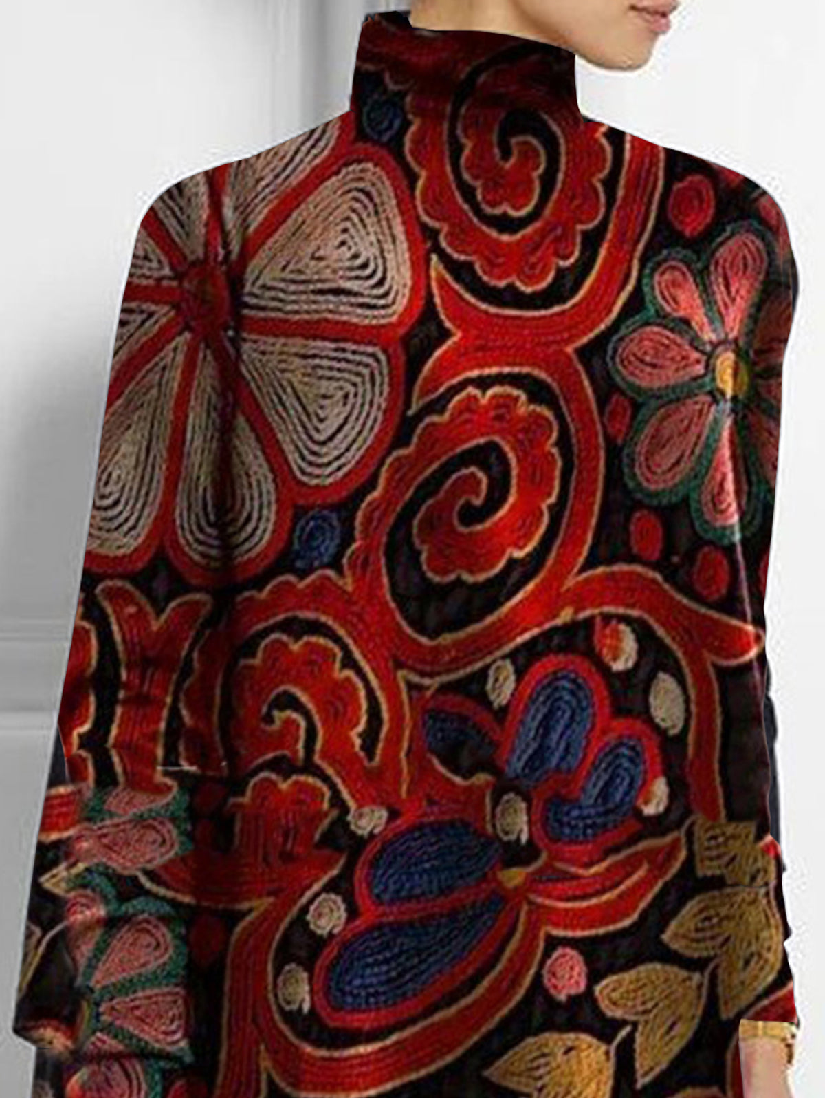 Turtleneck Allover Floral Print Asymmetrical Hem Top