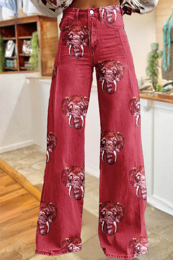 Classic Game Day Red and White Elephant Print Wide-Leg Pants