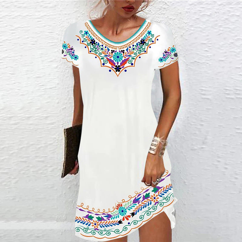 Women's Ethnic Style Long Skirt Short Sleeve Printed Dress