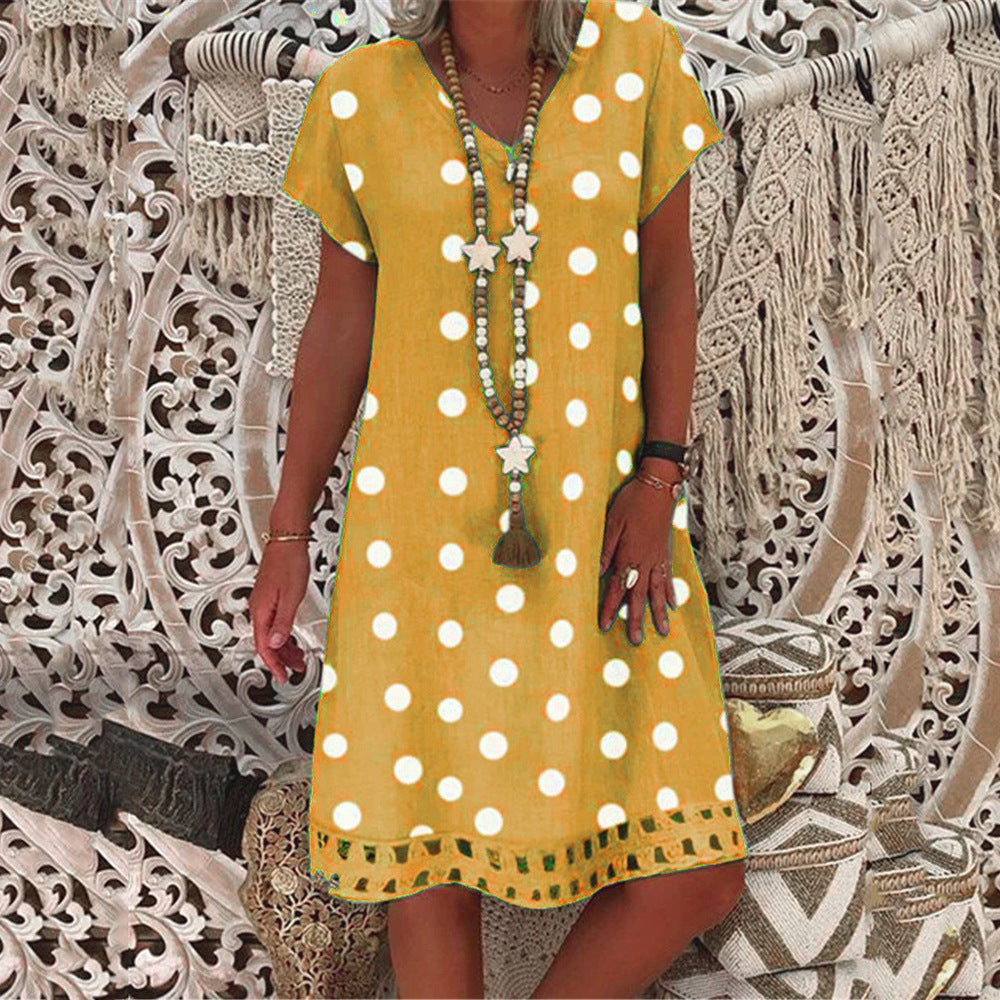 Polka Dot Short Sleeve V-Neck Print Mid Skirt