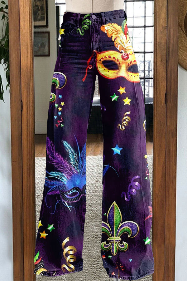 Carnival Mask Feather Wide Leg Pants