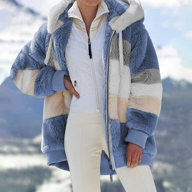 Women's Loose Multicolor Plush Zip Hooded Jacket