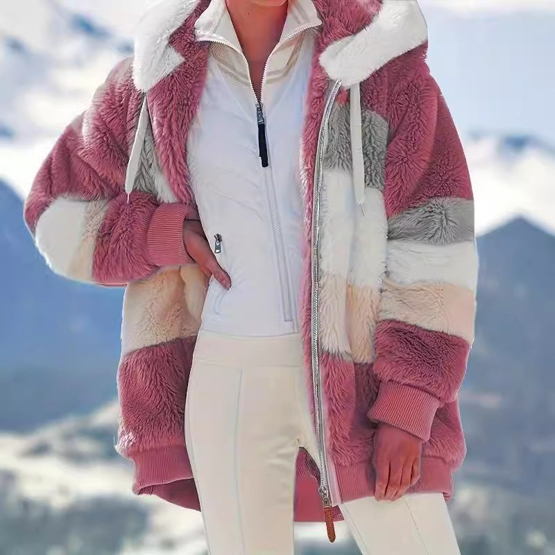 Women's Loose Multicolor Plush Zip Hooded Jacket
