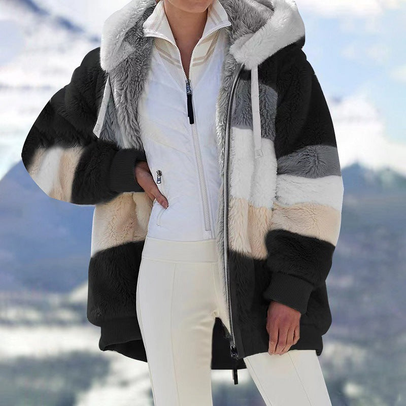 Women's Loose Multicolor Plush Zip Hooded Jacket