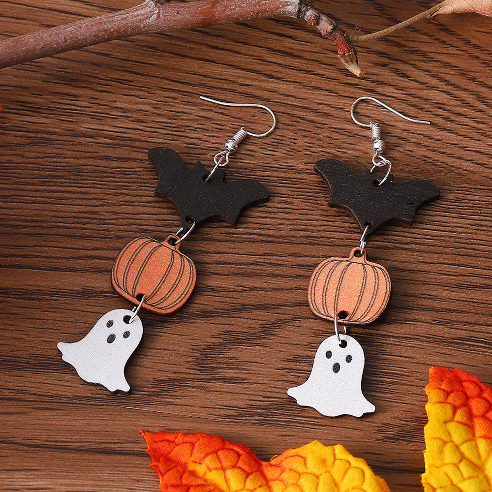 Halloween Ghost Pumpkin Bat Earrings Female Personality Earrings Double-Sided Wooden Earrings Earrings