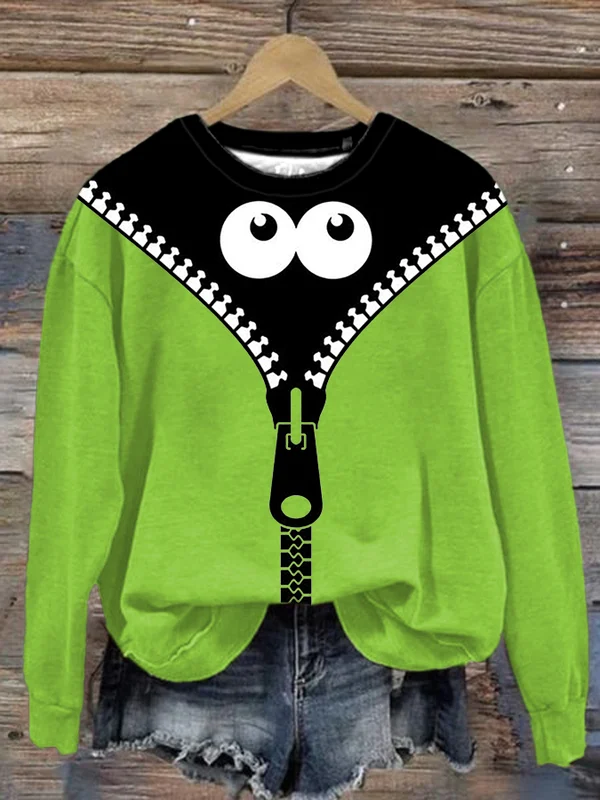 Women's Halloween Peek Monster Print Round Neck Sweatshirt